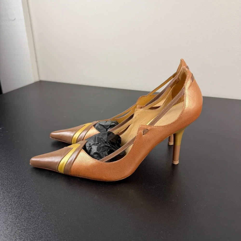 Francesca Giobbi Pump Heels Women's 7/ EU37 Brown Pointed Toe Genuine Leather